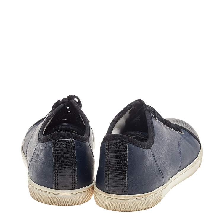 Pre Owned Lanvin Black/Navy Blue Lizard Embossed and Leather Low Top Sneakers Size 36
