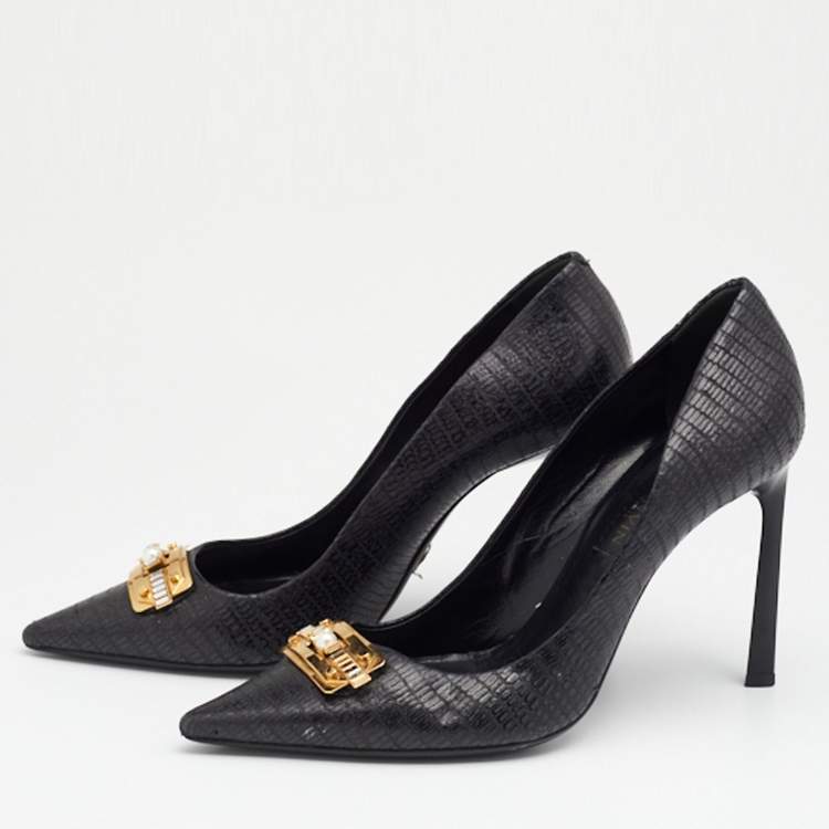 Pre Owned Lanvin Black Leather Embellished  Pumps Size 38
