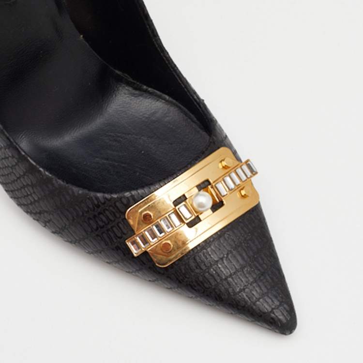 Pre Owned Lanvin Black Leather Embellished  Pumps Size 38