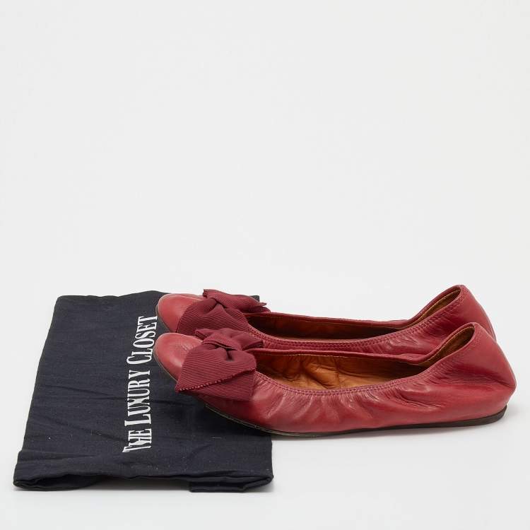 Pre Owned Lanvin Burgundy Leather Bow Scrunch Ballet Flats Size 39
