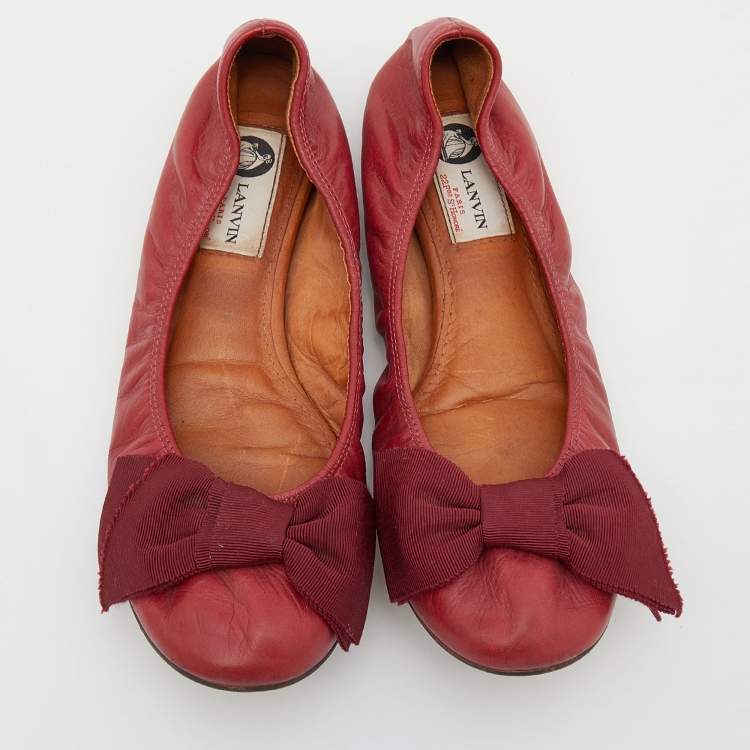Pre Owned Lanvin Burgundy Leather Bow Scrunch Ballet Flats Size 39