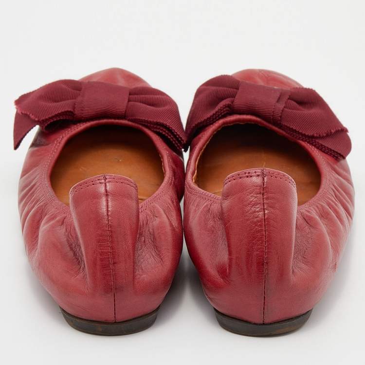 Pre Owned Lanvin Burgundy Leather Bow Scrunch Ballet Flats Size 39
