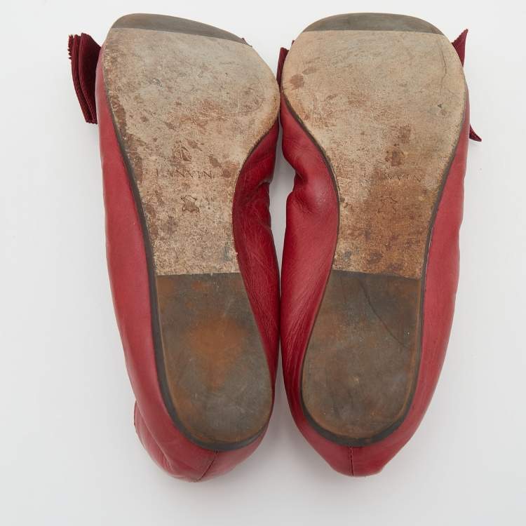 Pre Owned Lanvin Burgundy Leather Bow Scrunch Ballet Flats Size 39
