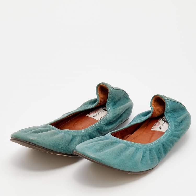 Pre Owned Lanvin Sea Green Leather Scrunch Ballet Flats Size 41
