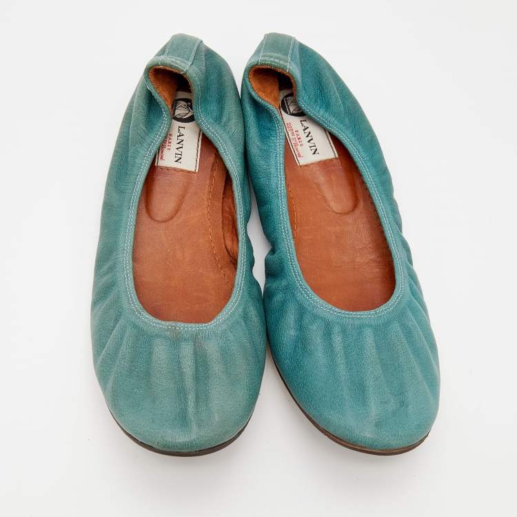 Pre Owned Lanvin Sea Green Leather Scrunch Ballet Flats Size 41