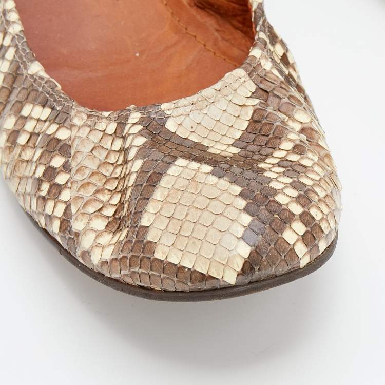 Pre Owned Lanvin Beige/Brown Python Leather Scrunch Ballet Flats Size 41