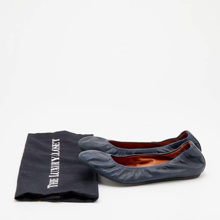 Pre Owned Lanvin Blue Snakeskin Embossed Leather Scrunch Ballet Flats Size 39