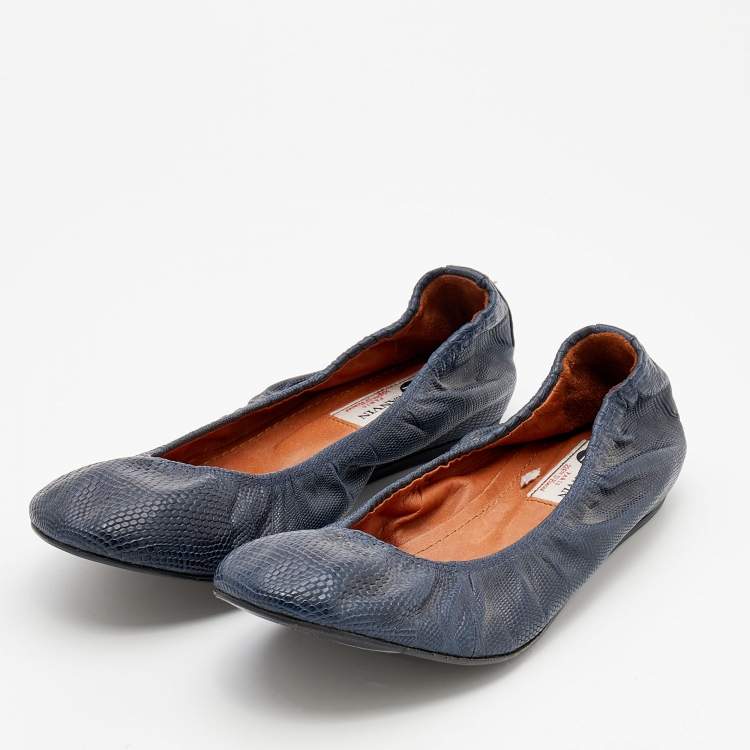 Pre Owned Lanvin Blue Snakeskin Embossed Leather Scrunch Ballet Flats Size 39