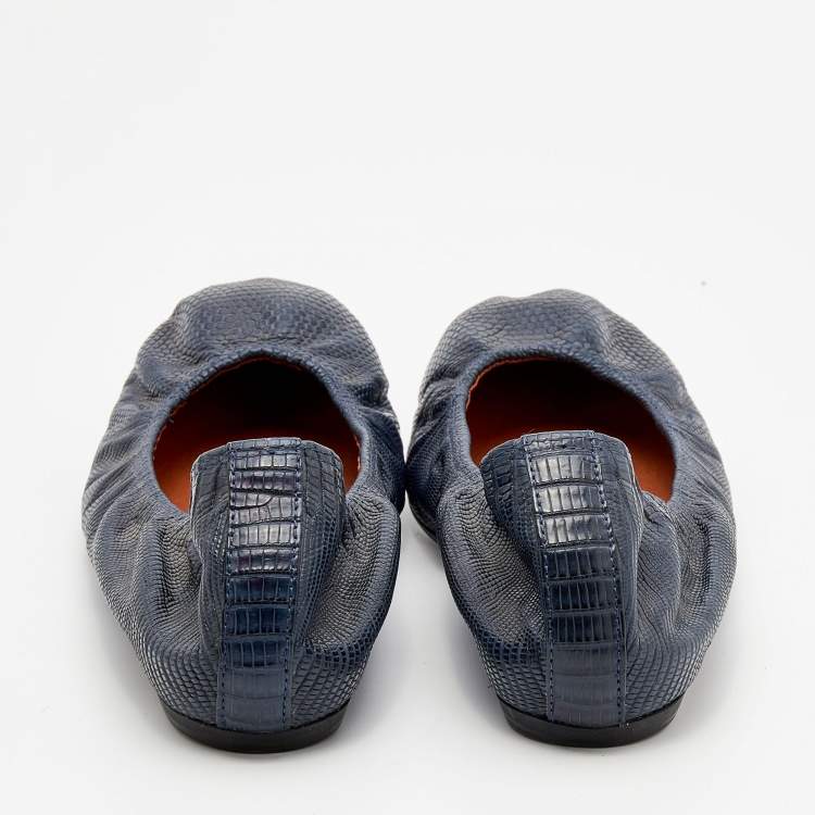 Pre Owned Lanvin Blue Snakeskin Embossed Leather Scrunch Ballet Flats Size 39