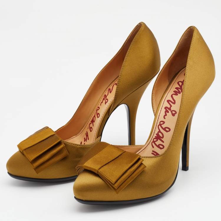 Pre Owned Lanvin Olive Green Satin Bow Detail Platform D'orsay Pumps Size 40
