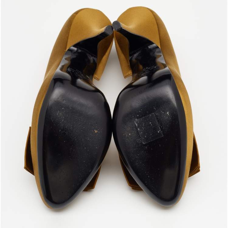 Pre Owned Lanvin Olive Green Satin Bow Detail Platform D'orsay Pumps Size 40