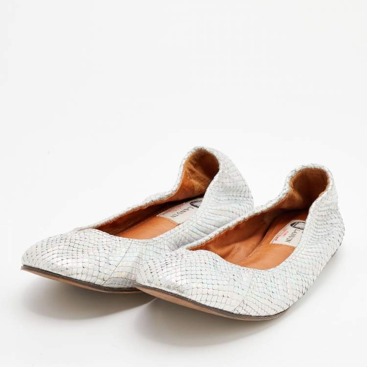 Pre Owned Lanvin Silver Snakeskin Embossed Leather Ballet Flats Size 38