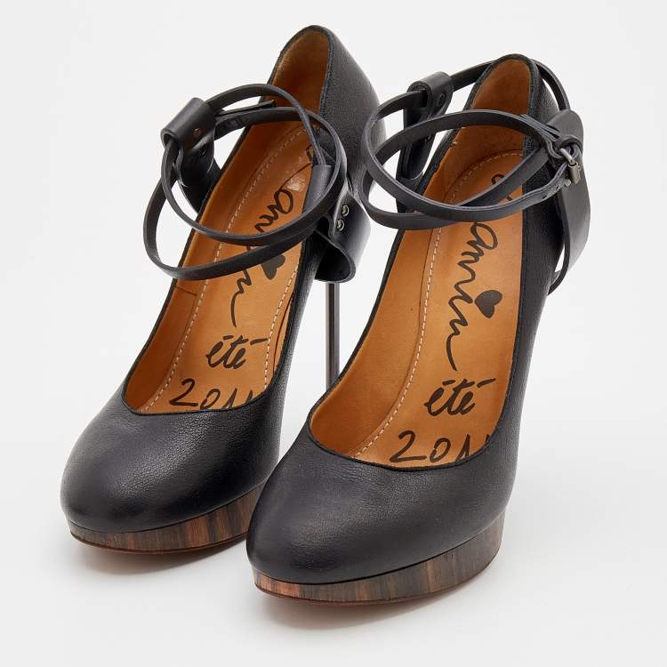 Pre Owned Lanvin Black Leather Ankle Strap Platform Pumps Size 40