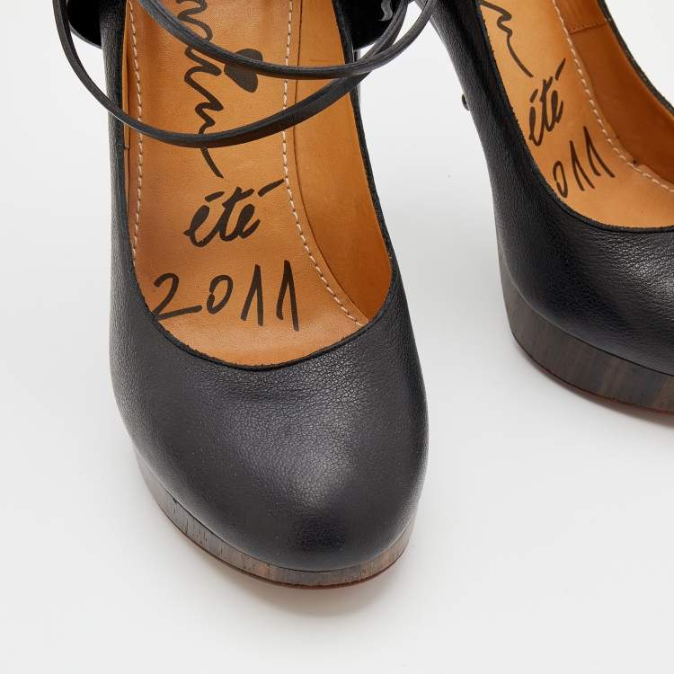 Pre Owned Lanvin Black Leather Ankle Strap Platform Pumps Size 40