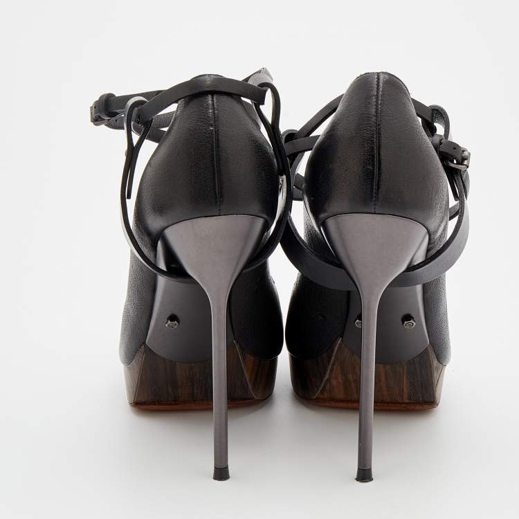 Pre Owned Lanvin Black Leather Ankle Strap Platform Pumps Size 40
