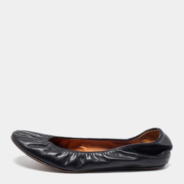 Pre Owned Lanvin Black Leather Scrunch Ballet Flats Size 39.5
