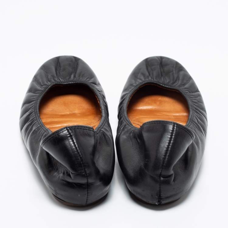 Pre Owned Lanvin Black Leather Scrunch Ballet Flats Size 39.5