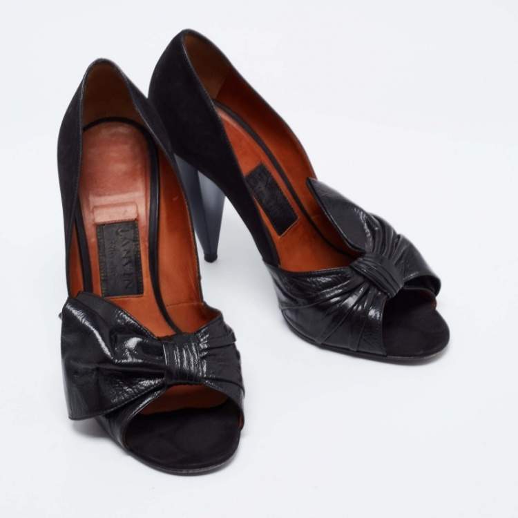 Pre Owned Lanvin Black Leather Knotted Bow Peep Toe Pumps Size 38.5