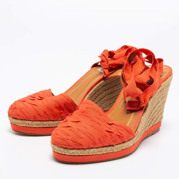 Pre Owned Lanvin Orange Fabric Espadrilles Wedge Ankle Wrap Sandals Size 40 