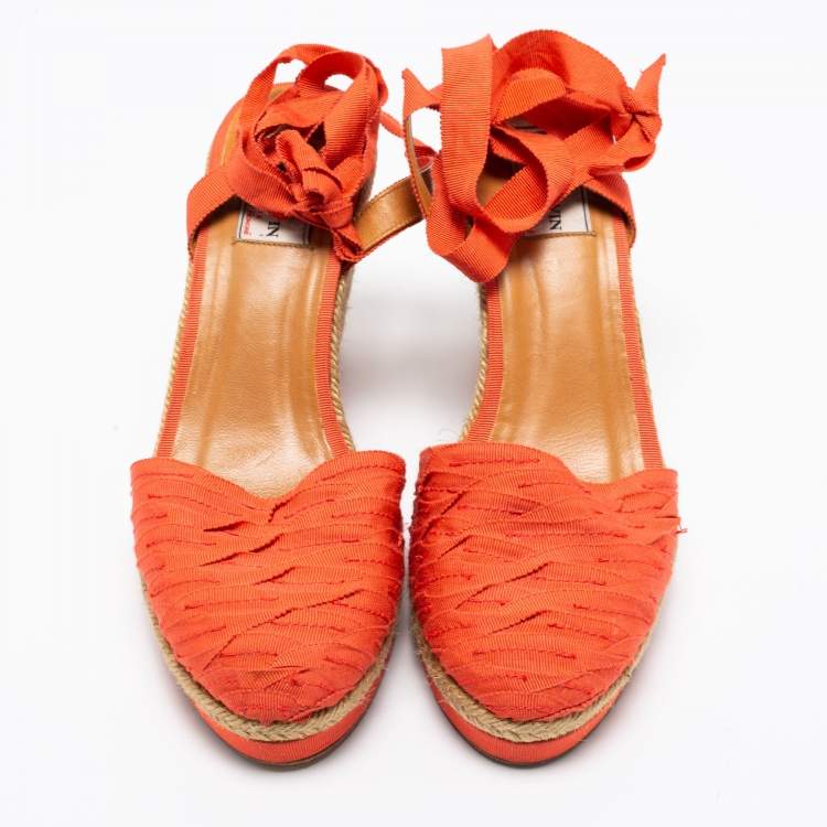 Pre Owned Lanvin Orange Fabric Espadrilles Wedge Ankle Wrap Sandals Size 40 
