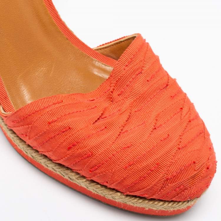 Pre Owned Lanvin Orange Fabric Espadrilles Wedge Ankle Wrap Sandals Size 40 