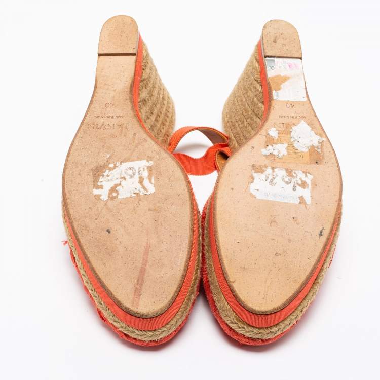Pre Owned Lanvin Orange Fabric Espadrilles Wedge Ankle Wrap Sandals Size 40 