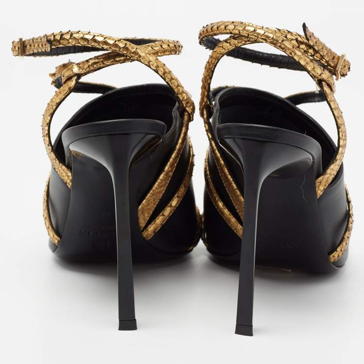 Pre Owned Lanvin Black/Gold Leather and Embossed Snakeskin Trim Ankle-Strap Sandals Size 38