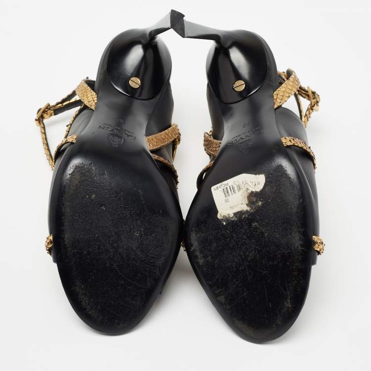 Pre Owned Lanvin Black/Gold Leather and Embossed Snakeskin Trim Ankle-Strap Sandals Size 38