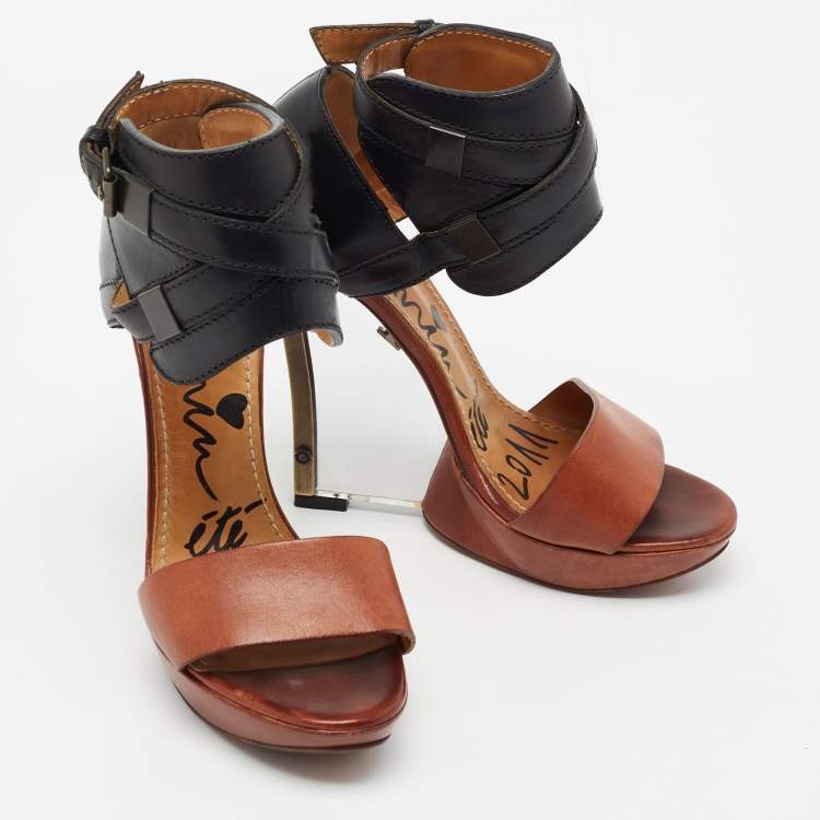 Pre Owned Lanvin Black/Brown Leather Ankle Strap Wedge Sandals Size 37