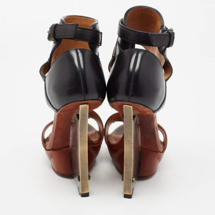 Pre Owned Lanvin Black/Brown Leather Ankle Strap Wedge Sandals Size 37