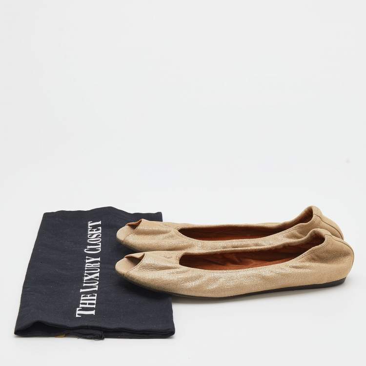 مملوكة مسبقًا Lanvin Metallic Beige Leather Peep Toe Ballet Flats Size 38.5