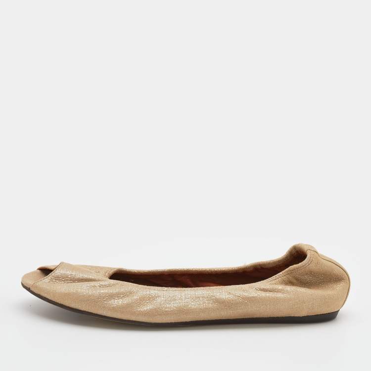 مملوكة مسبقًا Lanvin Metallic Beige Leather Peep Toe Ballet Flats Size 38.5