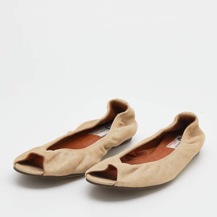 مملوكة مسبقًا Lanvin Metallic Beige Leather Peep Toe Ballet Flats Size 38.5