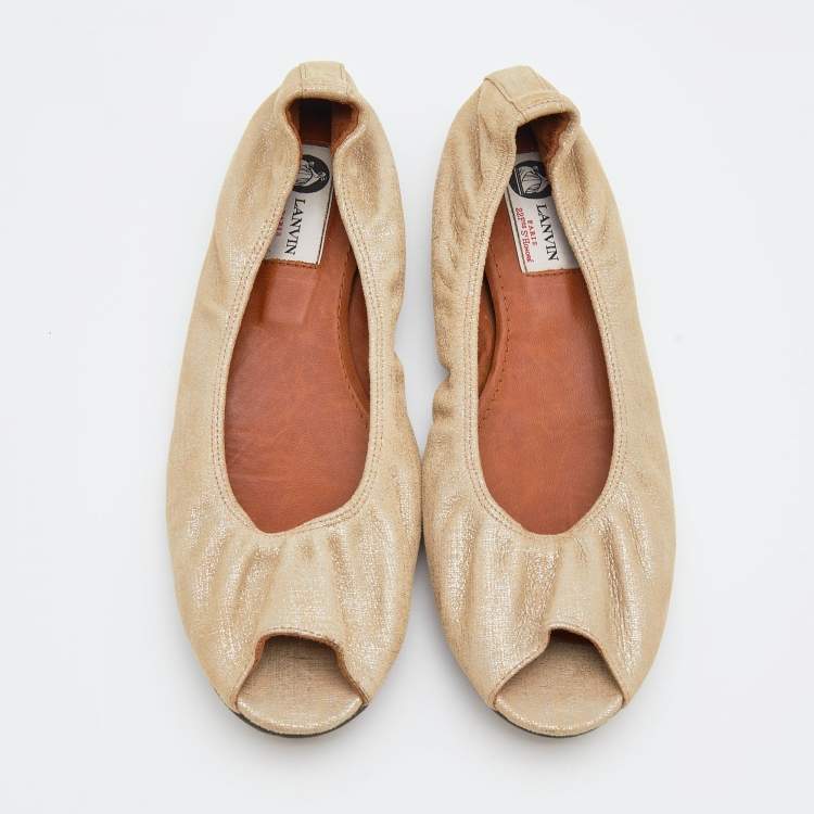 مملوكة مسبقًا Lanvin Metallic Beige Leather Peep Toe Ballet Flats Size 38.5