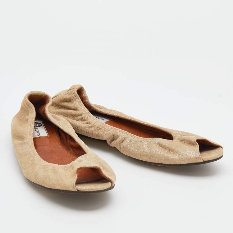 مملوكة مسبقًا Lanvin Metallic Beige Leather Peep Toe Ballet Flats Size 38.5