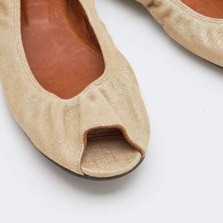 مملوكة مسبقًا Lanvin Metallic Beige Leather Peep Toe Ballet Flats Size 38.5