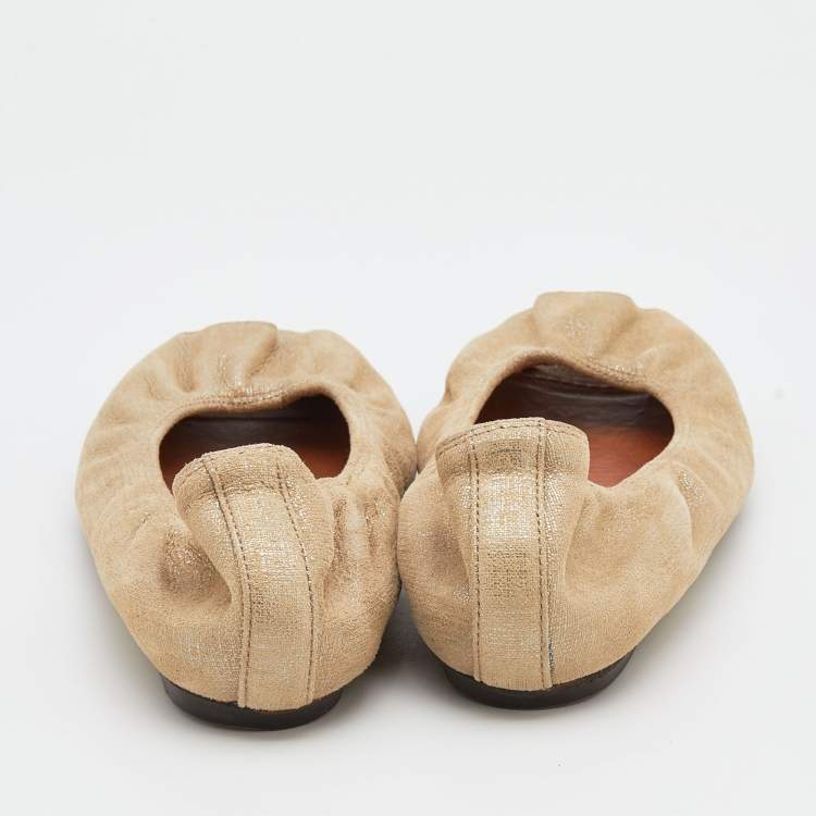 مملوكة مسبقًا Lanvin Metallic Beige Leather Peep Toe Ballet Flats Size 38.5