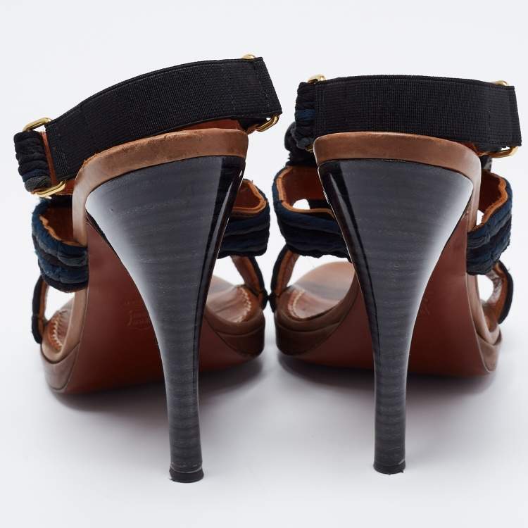 Pre Owned Lanvin Navy Blue Crystal Embellished Braided Fabric Slingback Sandals Size 39.5