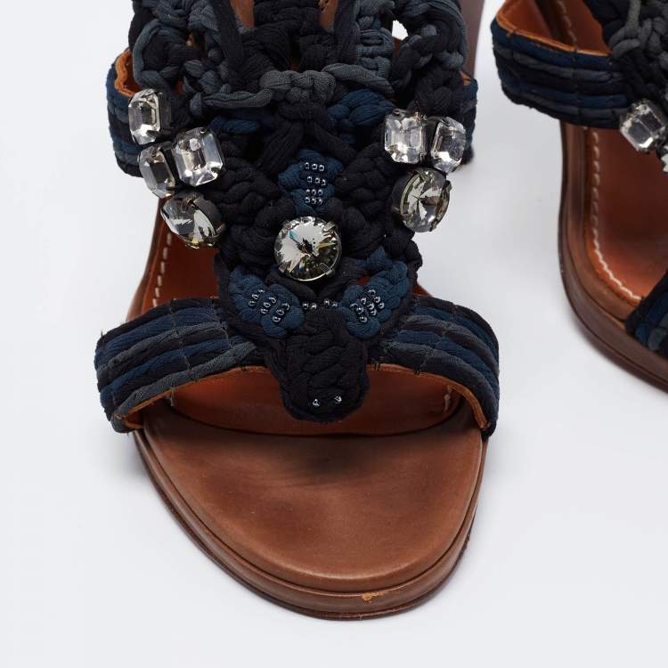 Pre Owned Lanvin Navy Blue Crystal Embellished Braided Fabric Slingback Sandals Size 39.5