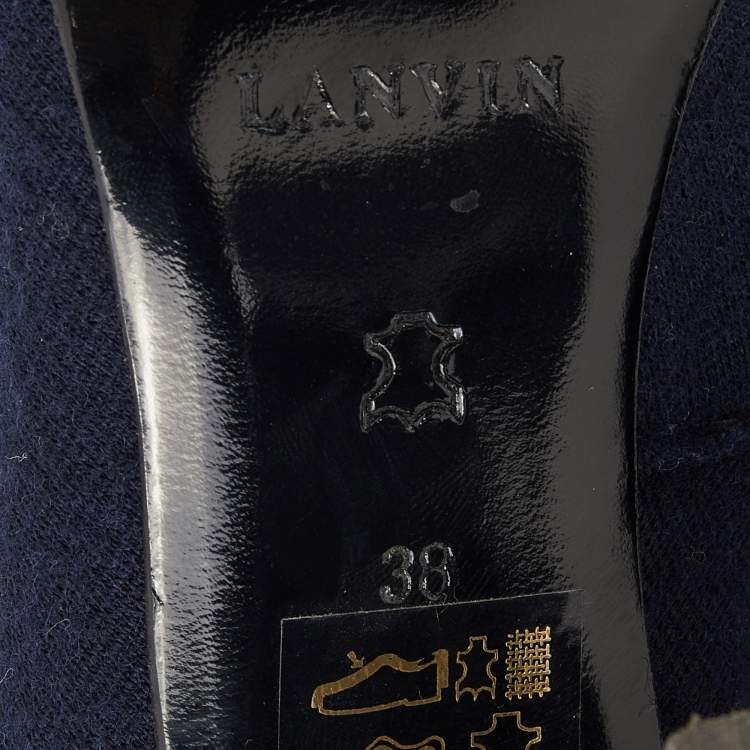 Pre Owned Lanvin Navy Blue/Brown Fabric And Leather Knee Length Boots Size 38
