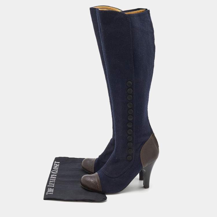 Pre Owned Lanvin Navy Blue/Brown Fabric And Leather Knee Length Boots Size 38