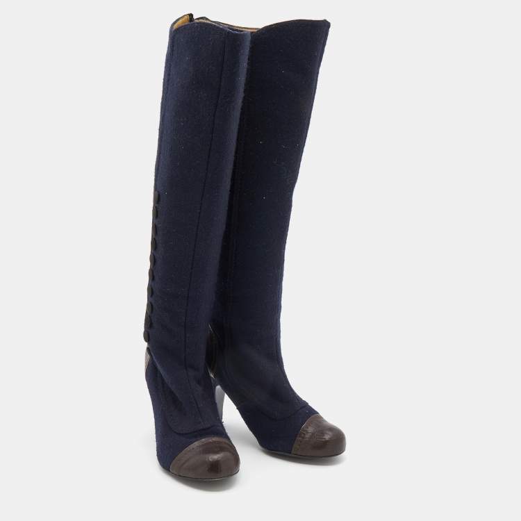 Pre Owned Lanvin Navy Blue/Brown Fabric And Leather Knee Length Boots Size 38