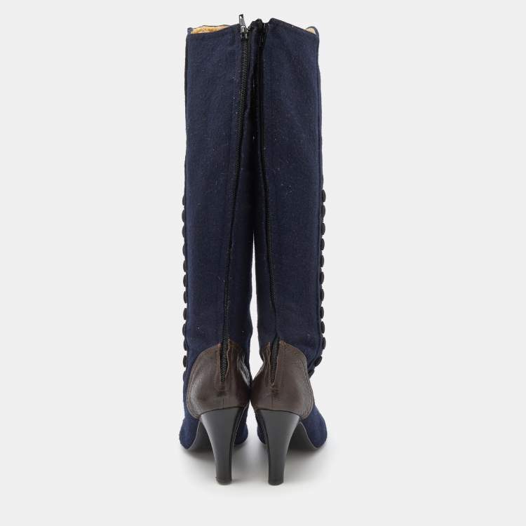 Pre Owned Lanvin Navy Blue/Brown Fabric And Leather Knee Length Boots Size 38