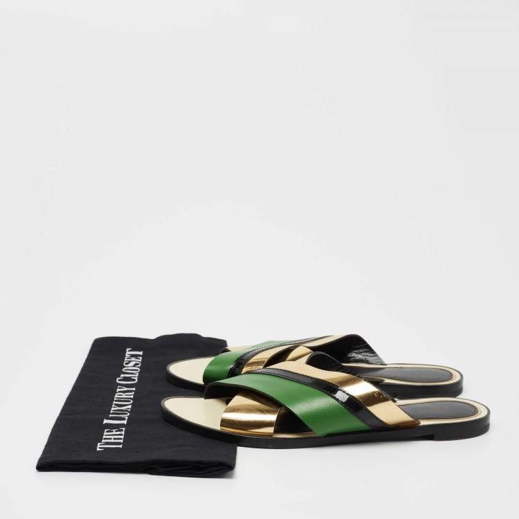 Pre Owned Lanvin Multicolor Leather Cross Strap Flat Slide Sandals Size 39.5