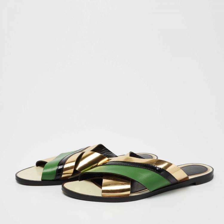 Pre Owned Lanvin Multicolor Leather Cross Strap Flat Slide Sandals Size 39.5