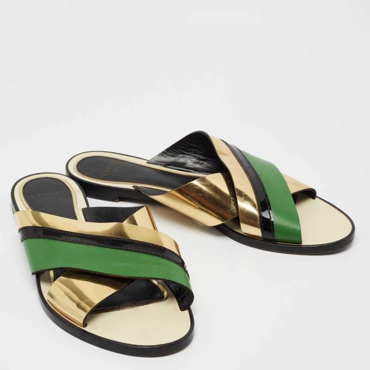 Pre Owned Lanvin Multicolor Leather Cross Strap Flat Slide Sandals Size 39.5