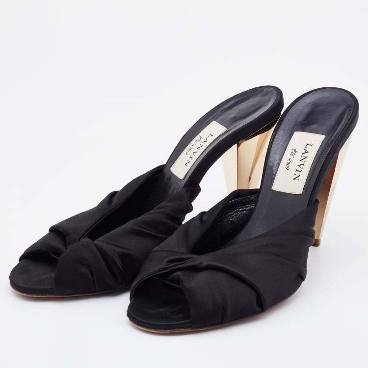 Pre Owned Lanvin Black Satin Pleated Open Toe Mules Size 40