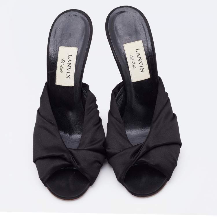 Pre Owned Lanvin Black Satin Pleated Open Toe Mules Size 40