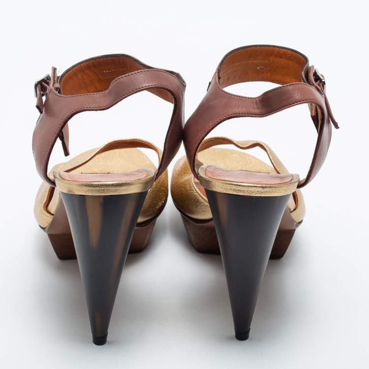 Pre Owned Lanvin Gold/Brown Leather Ankle Strap Sandals Size 40