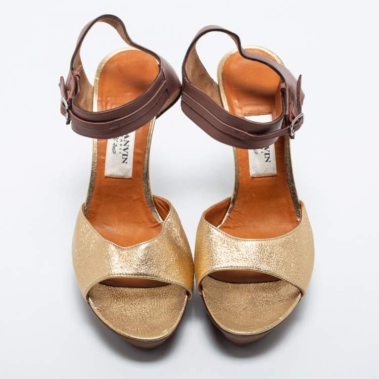 Pre Owned Lanvin Gold/Brown Leather Ankle Strap Sandals Size 40